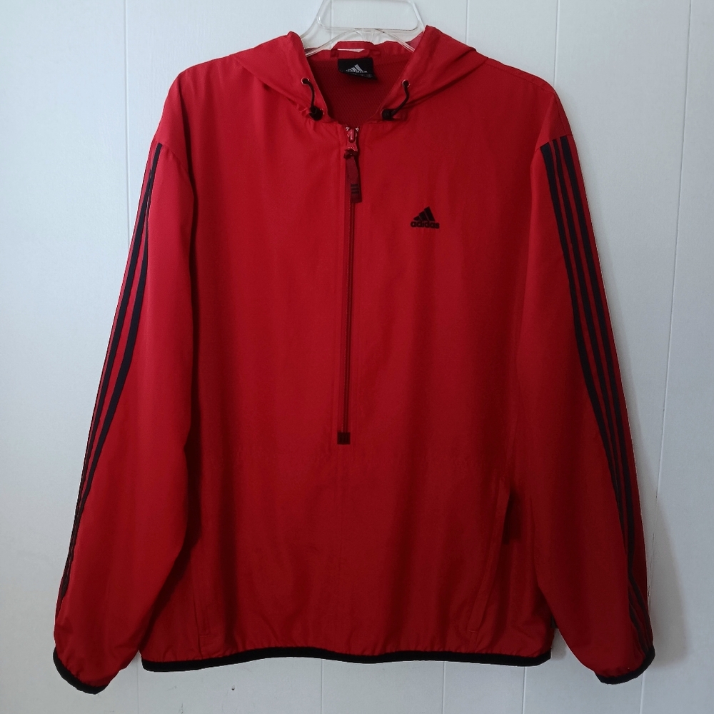 Adidas Men's Sporty Red Striped ClimaProof Hooded Pullover Windbreaker Jacket S